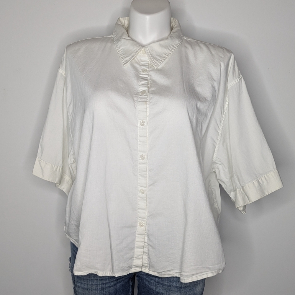 Athleta White Cotton Dream Sleep Button Up Top XL